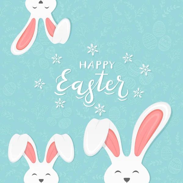 Rabbit ears on blue background with pattern and text Happy Easte — Stock Vector