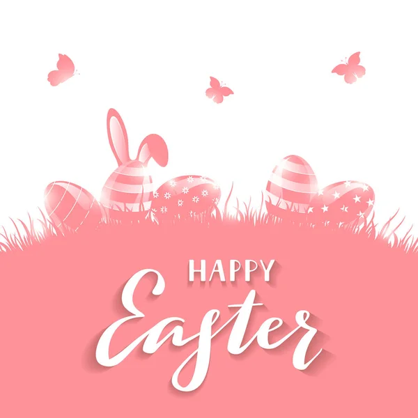 Fondo rosa con huevos de Pascua y orejas de conejo — Vector de stock