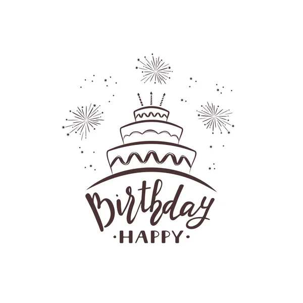 Text Happy Birthday with cake and fireworks — Stock Vector