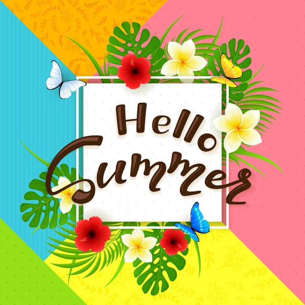 Fundo colorido e texto Olá Verão com flores — Vetor de Stock