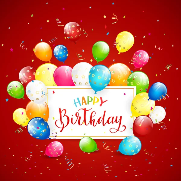 Text alles Gute zum Geburtstag mit Luftballons und Luftschlangen auf roten Feiertag b — Stockvektor