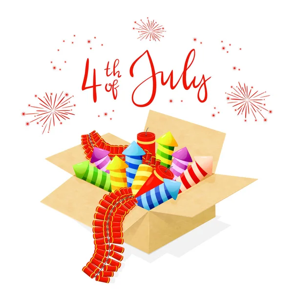 Text 4th of July and fireworks in a box — Stock Vector