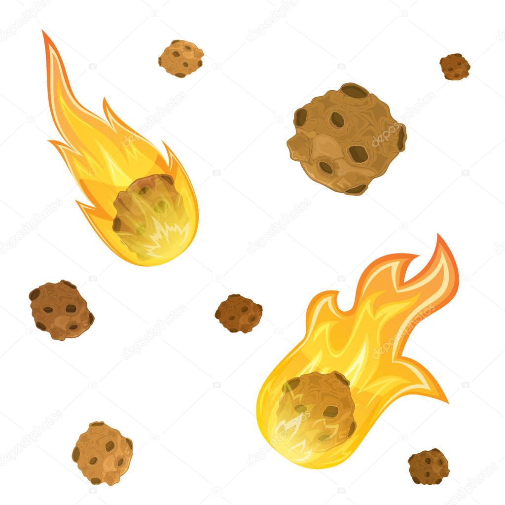 Set of falling meteorites with fire isolated on white background, illustration.