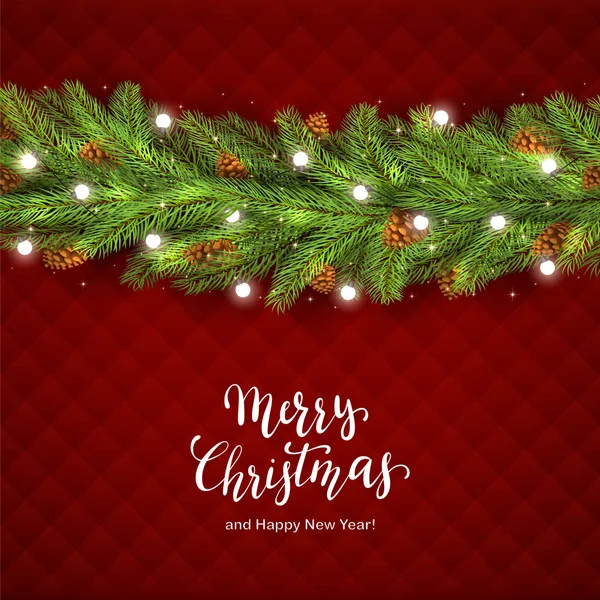 Fondo rojo con ramas de abeto y luces de Navidad — Archivo Imágenes Vectoriales