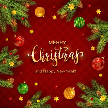 Kırmızı Arkaplanda Noel Baloları ve firavun ağacı dalları