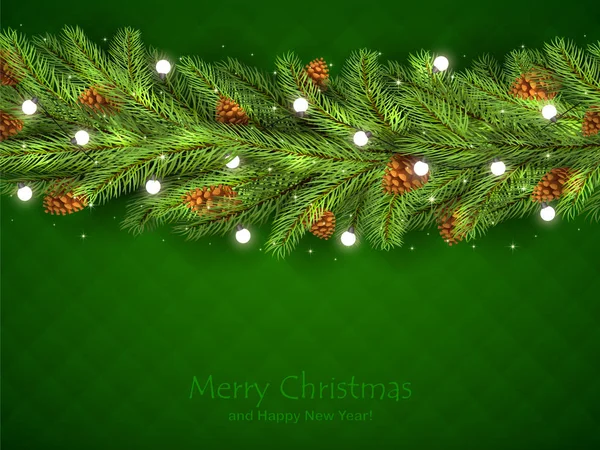 Zelené pozadí s větvemi jedle a bílé vánoční světlo — Stockový vektor