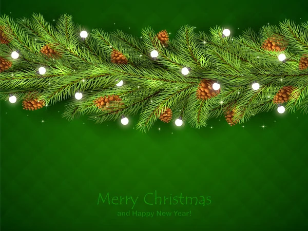 Fondo verde con ramas de abeto y Ligh blanco de Navidad — Vector de stock