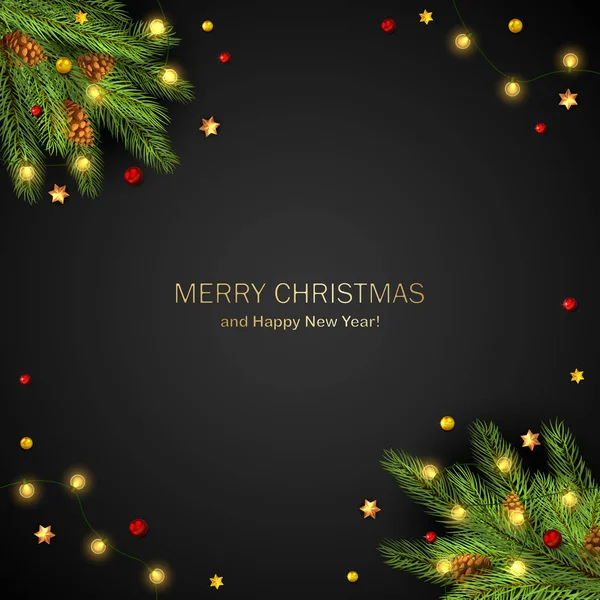 Lumières de Noël et branches de sapin sur fond noir — Image vectorielle