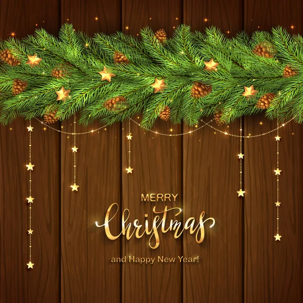 Wooden Background with Christmas Tree Branches and Golden Stars — Stock Vector