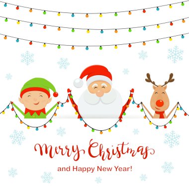 Noel Baba Mutlu Elf ve Geyik Renkli Noel Işığı Tutuyor