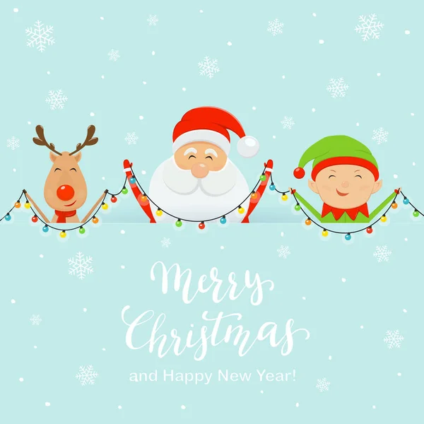 Papai Noel com Elfo Feliz e Veado Segurando Luz de Natal —  Vetores de Stock