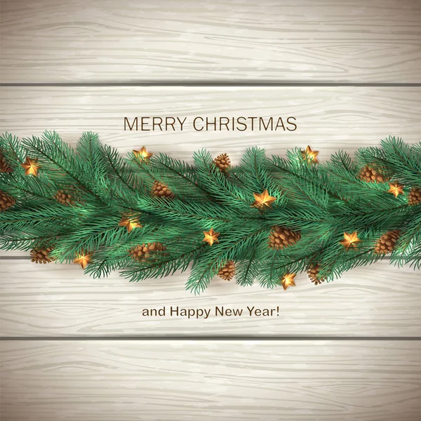 Fondo de madera blanca con ramas de árbol de Navidad y estrellas — Archivo Imágenes Vectoriales