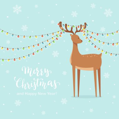 Şirin Geyik ve Noel Işıkları Mavi Karlı Arkaplanda