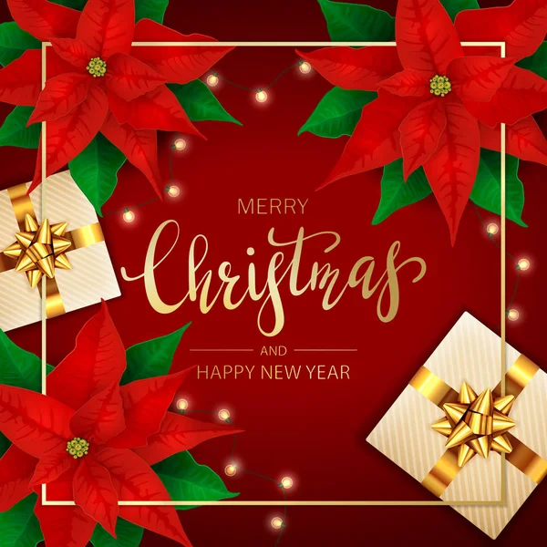 Décorations de Noël avec Poinsettia et lumières de Noël sur Re — Image vectorielle