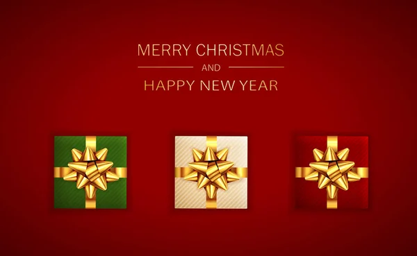 Letras de Navidad y regalos con arco de vacaciones de oro en Red Bac — Vector de stock