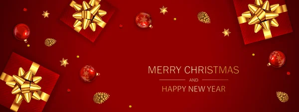 Coffret cadeau avec noeud de Noël doré et boules de Noël sur Bacl rouge — Image vectorielle