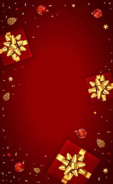 赤いB上のゴールデンホリデー弓とクリスマスの装飾と贈り物 — ストックベクタ