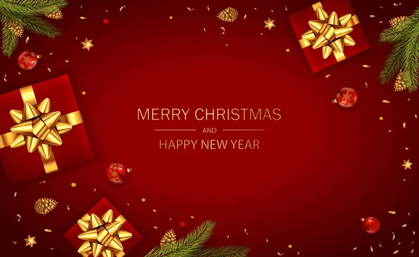 Décorations avec cadeaux et branches d'arbres de Noël sur Red Backgr — Image vectorielle