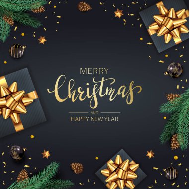Kara Arkaplan Üzerine Hediyeler ve Noel Ağacı Dalları