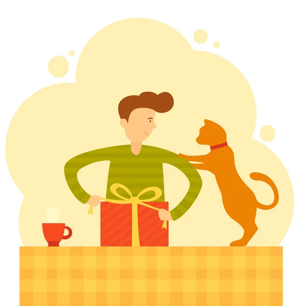Man and Cat Pack a Gift — Stock Vector