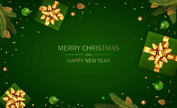 Décorations avec cadeaux et branches d'arbres de Noël sur le dos vert — Image vectorielle