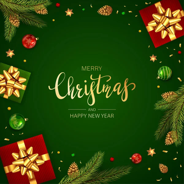 Cadeaux et branches d'arbres de Noël sur fond vert — Image vectorielle