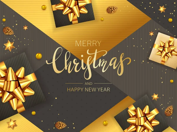 Sfondo nero e oro con regali di Natale — Vettoriale Stock