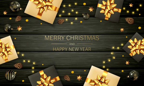 Χριστουγεννιάτικες μπάλες και δώρα σε μαύρο ξύλινο φόντο — Διανυσματικό Αρχείο