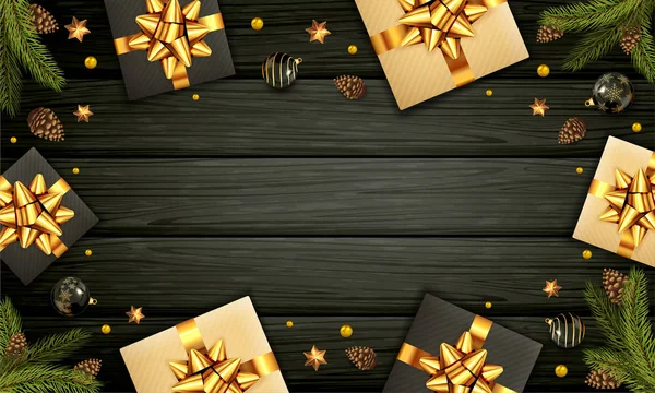 Decoraciones de Navidad sobre fondo de madera negro — Vector de stock