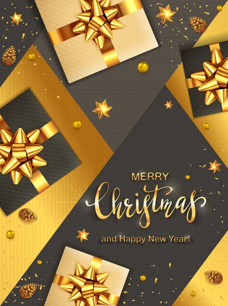 Schwarz und Gold Weihnachten Hintergrund mit Geschenken und Tannenzapfen — Stockvektor