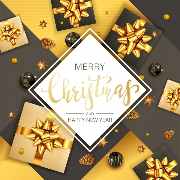 Regali di Natale su sfondo nero e dorato — Vettoriale Stock