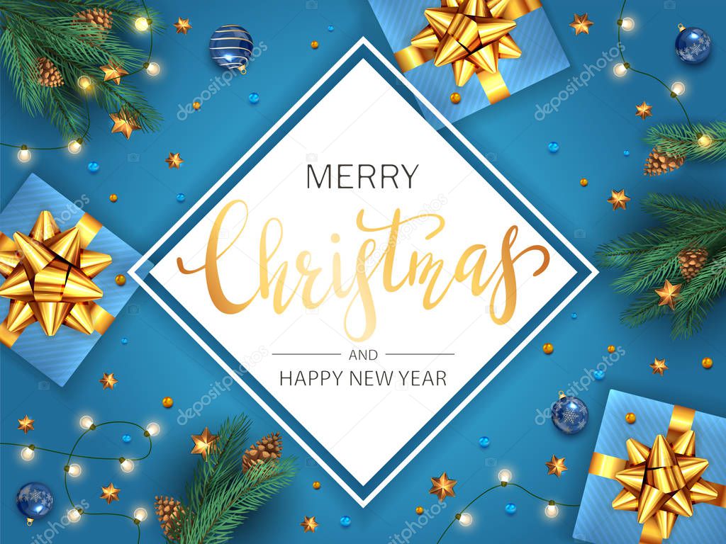 Christmas Card with Gifts on Blue Background