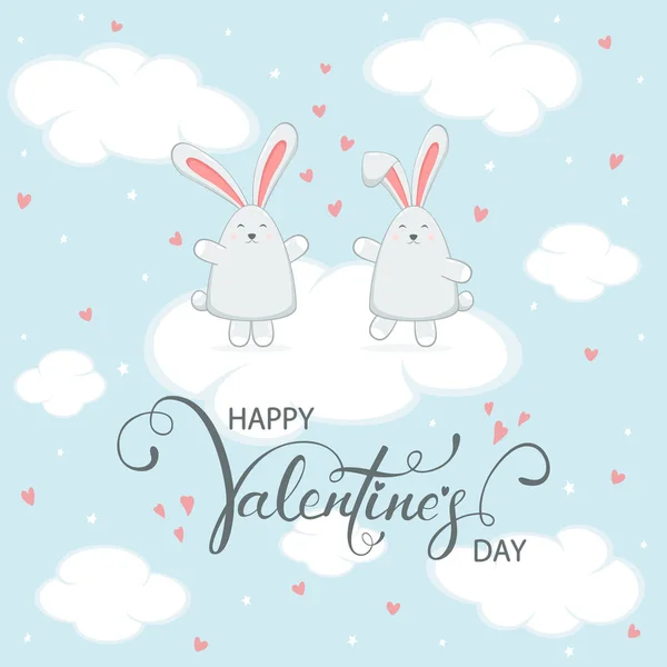 Bunny Couple and Valentines Hearts on Blue Sky Background — Stock Vector