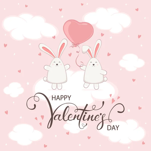 Pareja de conejitos y corazones de San Valentín en el fondo del cielo rosa — Vector de stock