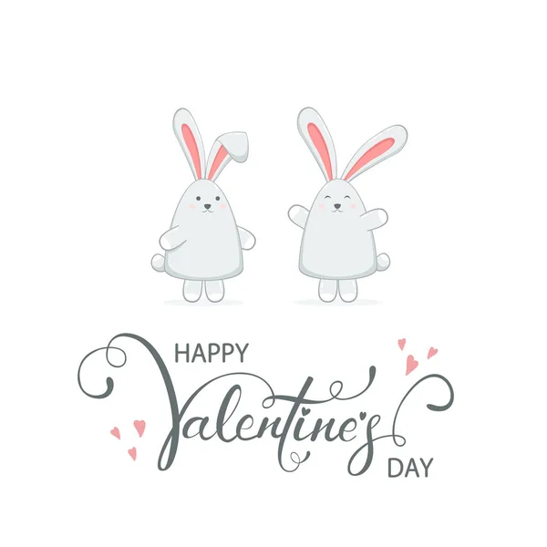 Pareja de conejos y corazones de San Valentín sobre fondo blanco — Vector de stock