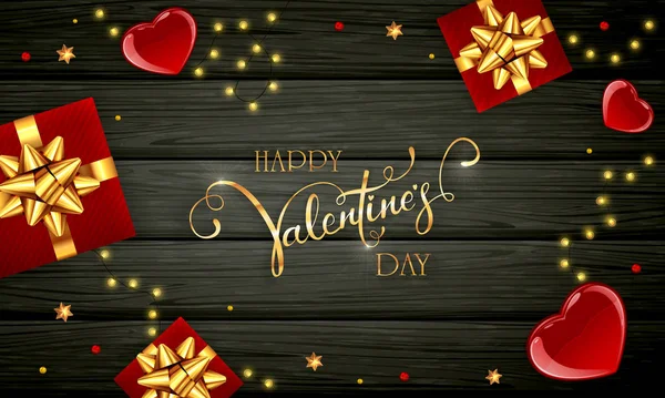 赤のバレンタインの心と黒の木製の背景の贈り物 — ストックベクタ