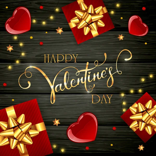 Coeurs de Saint-Valentin et cadeaux rouges sur fond en bois noir — Image vectorielle