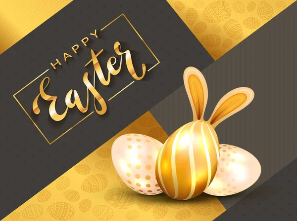 Golden Lettering Happy Easter Easter Eggs Rabbit Ears Holiday Black — Stock Vector
