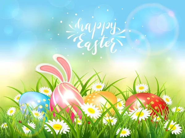 Pasen Thema Met Eieren Konijnenoren Lettering Happy Easter Blauwe Natuur — Stockvector