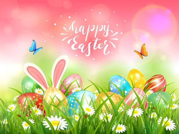 Temat Wielkanocny Jajkami Trawie Motyle Królicze Uszy Wesołych Świąt Wielkanocnych — Wektor stockowy