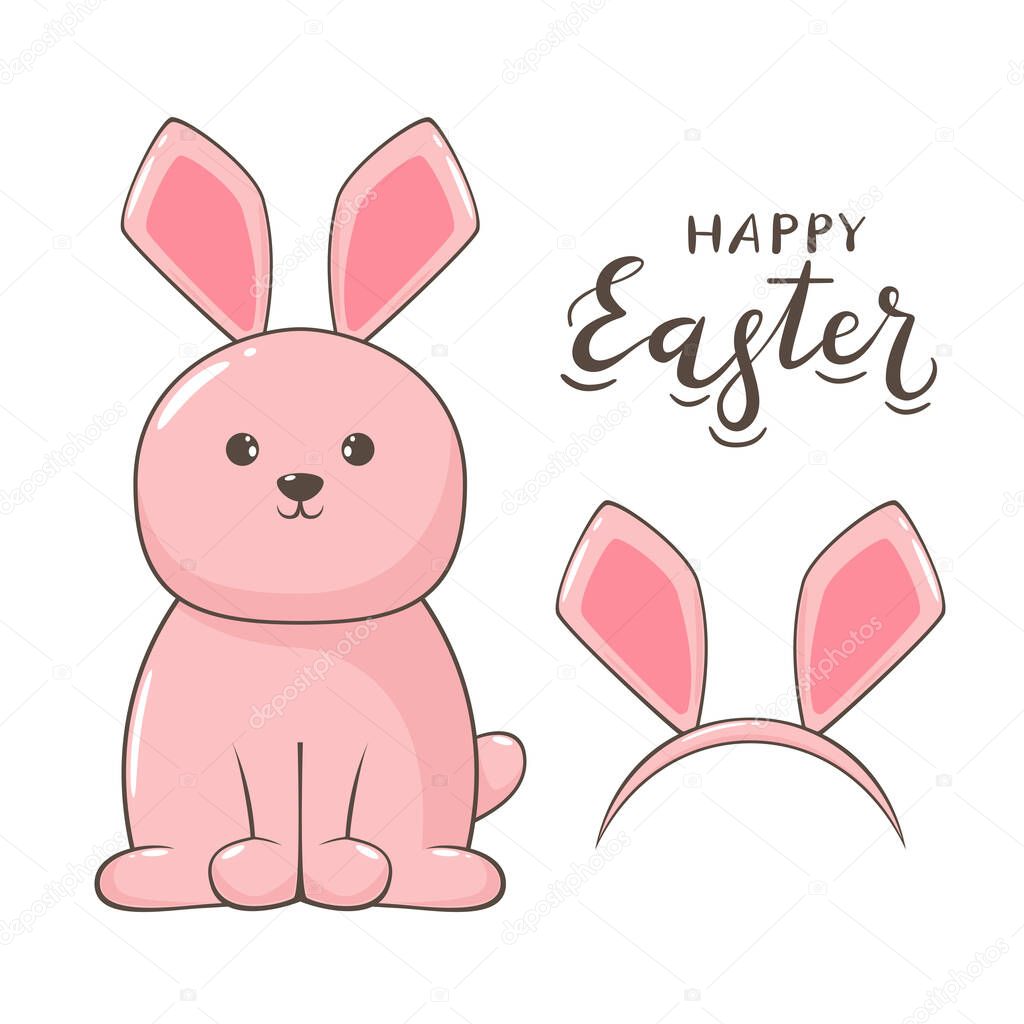 Cute pink Easter rabbit. Mask with pink rabbit or bunny ears and lettering Happy Easter isolated on white background. Illustration in cartoon style can be used for holiday design and greeting card.
