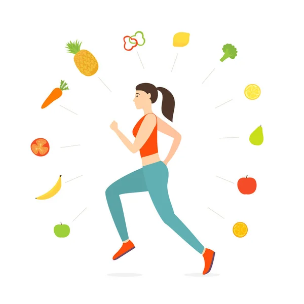 Jogging Girl Dressed Sportswear World Health Day Vegetables Fruits Running — Stock Vector
