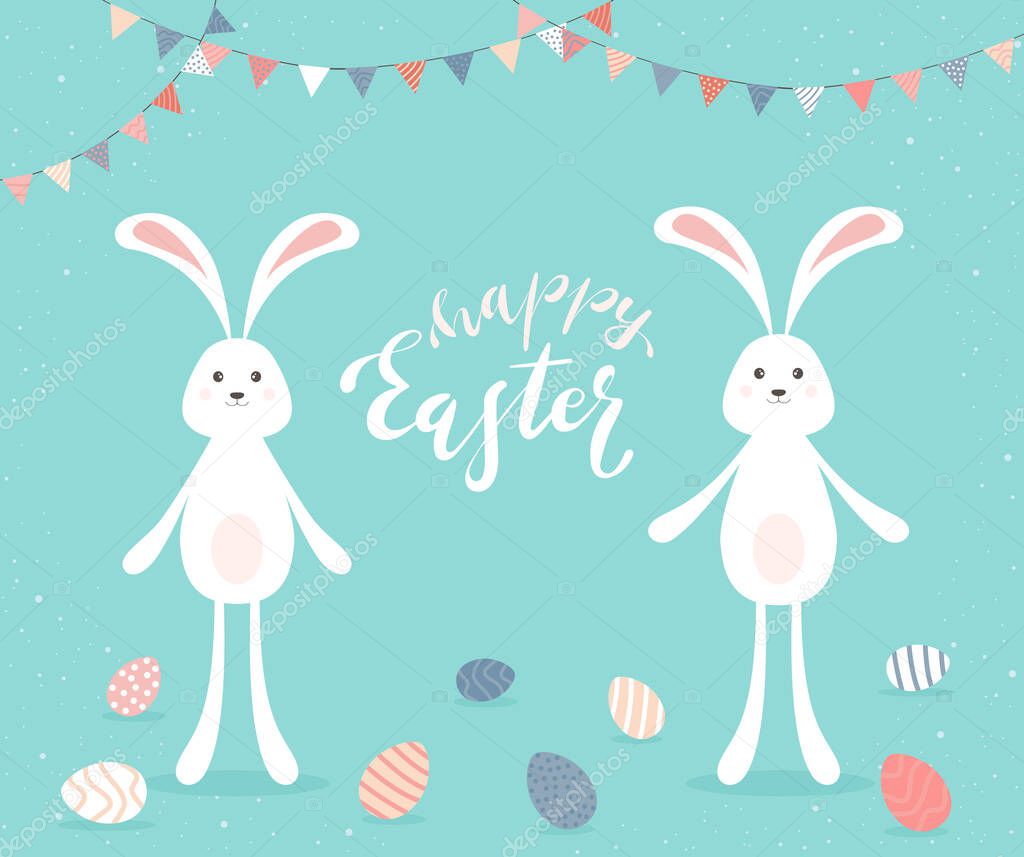 Two cute rabbits with Easter eggs and pennants on blue background. Lettering Happy Easter. Illustration in flat cartoon style can be used for holiday design, poster, banner and greeting card.