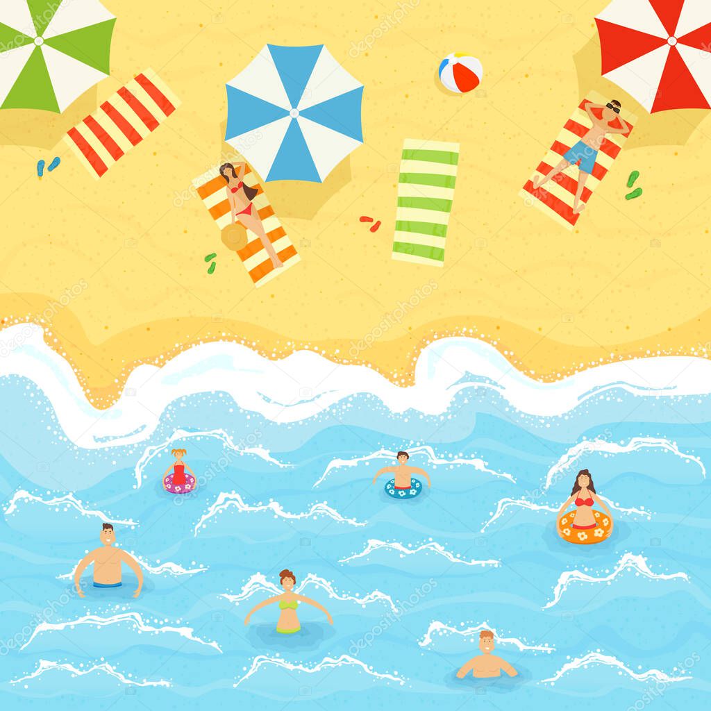Set of men and women with children sunbathing on the sand and swim in water. Sea or ocean beach and waves on the water. Illustration with people in cartoon style can be used for summer poster, banner.