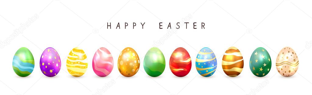 Set of colorful Easter eggs with decorative patterns isolated on white background. Lettering Happy Easter with realistic eggs. Illustration can be used for holiday design, decoration or greeting card.