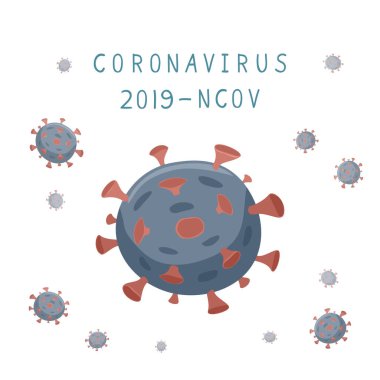 Wuhan Corona virüsünün çizgi film çizimi. Virüs hastalığı, enfeksiyonlar. Coronavirus 2019 - nCoV Çin patojen solunum enfeksiyonu. Covid simgesi - 19 beyaz arka planda izole edilmiş. Grip salgını