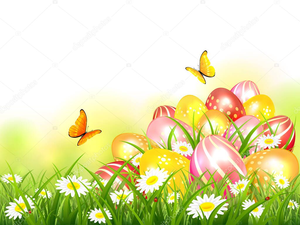 Easter theme with colorful eggs in the grass with flowers and butterflies. Spring nature. Illustration with realistic eggs can be used for holiday design, banners, poster, greeting cards.
