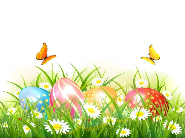 Tema Pascua Coloridos Huevos Pascua Hierba Con Flores Mariposas Voladoras — Vector de stock