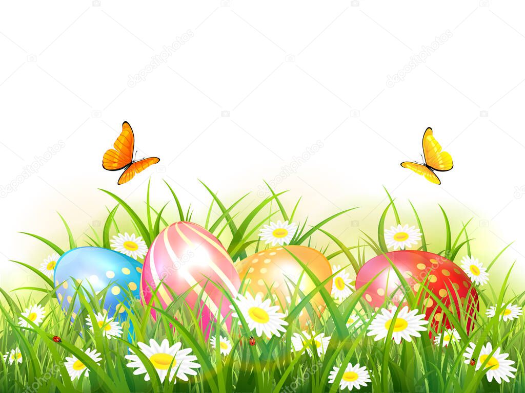 Easter theme. Colorful Easter eggs in the grass with flowers and flying butterflies. Spring nature. Illustration with realistic eggs can be used for holiday design, banners, poster, greeting cards.