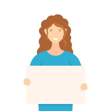 Genç ve güzel bir kadın elinde boş pankart, pankart, kart, tabela, reklam tutuyordu. Beyaz arka planda izole edilmiş boş şablonu olan mutlu bir kadın. Çizgi film tarzında güzel bir kızla hayal..